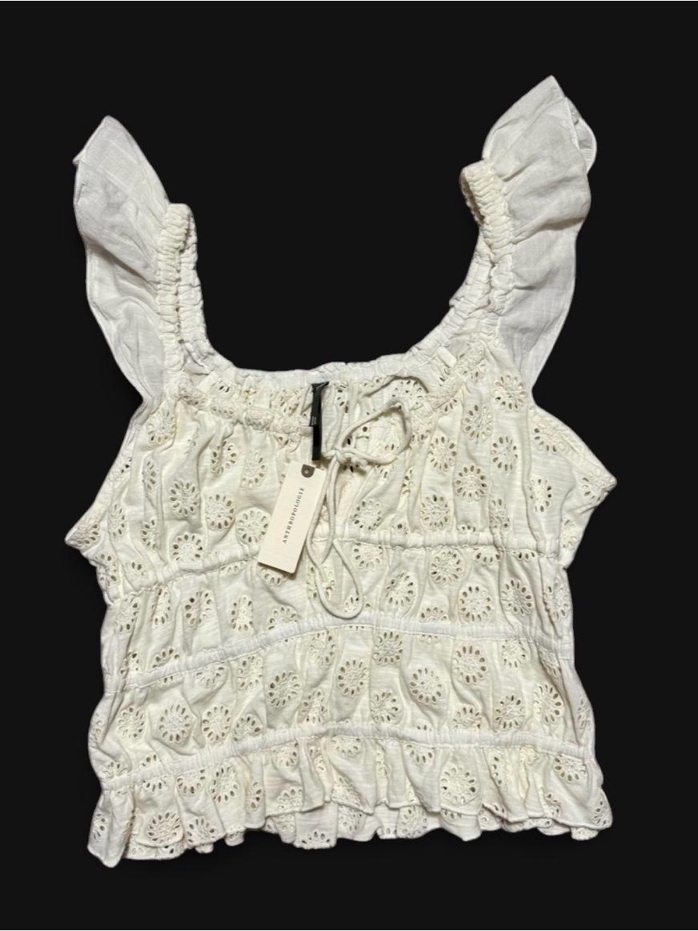 Anthropologie White Eyelet Flutter Sleeve Boho Cottagecore Small New With Tags
